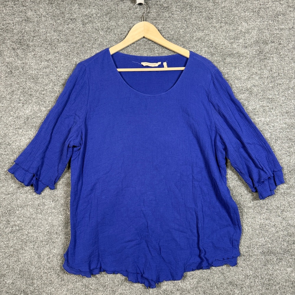 Soft Surroundings Size Large Top Blouse Blue Cotton Gauzy Layered 3/4 Sleeves